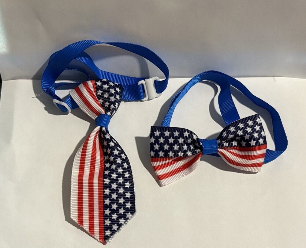 Bow Tie Necktie Set 250th July 4th USA Flag Independence Day Dog Cat 7"+